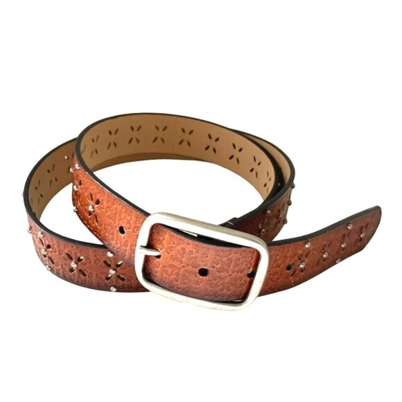 Leather Embossed Studded Cutout Floral Belt Women's Brown Wester Country Casual - Picture 1 of 10